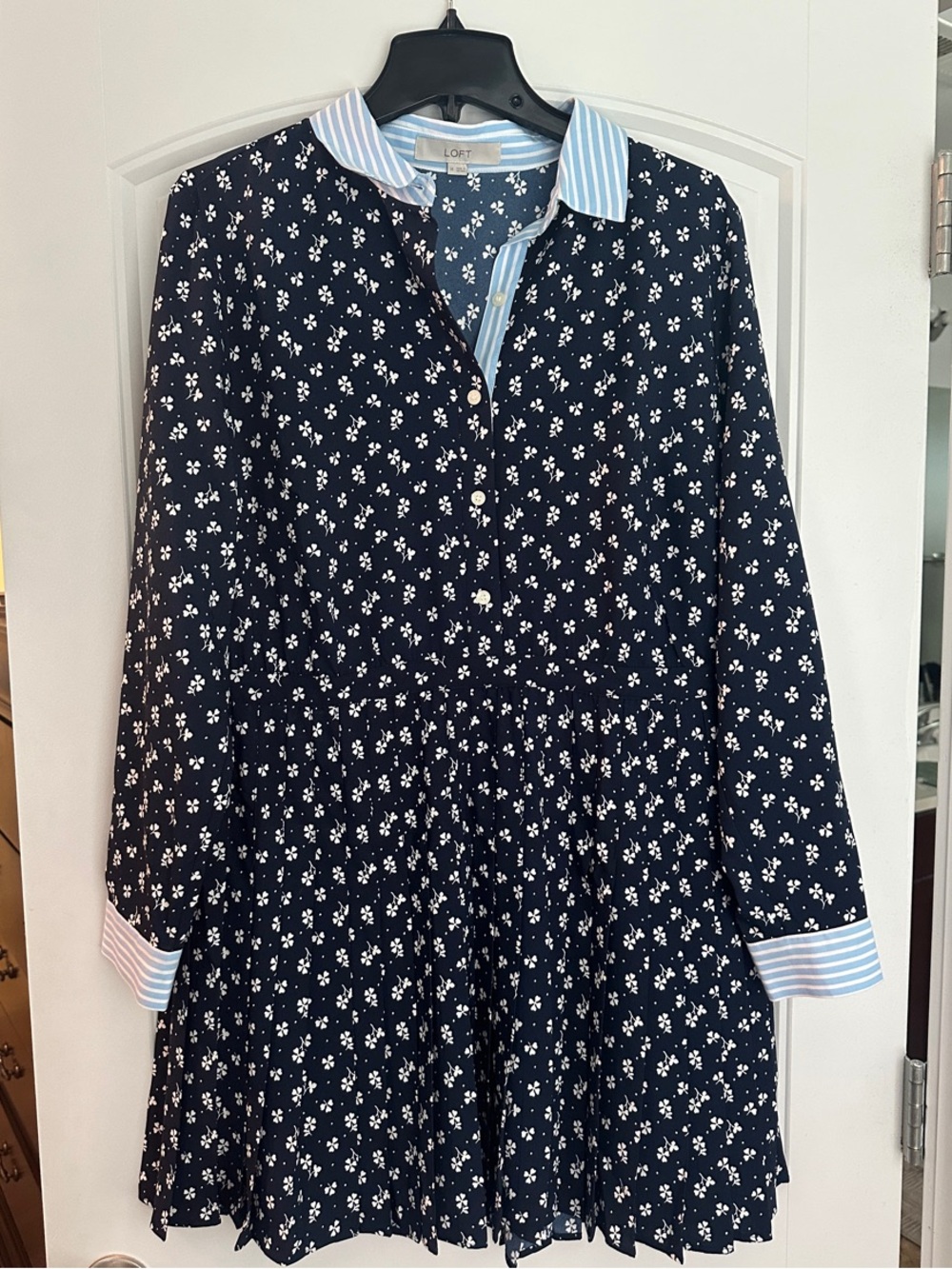 LOFT Navy Blue Pleated Skirt with White Floral Print